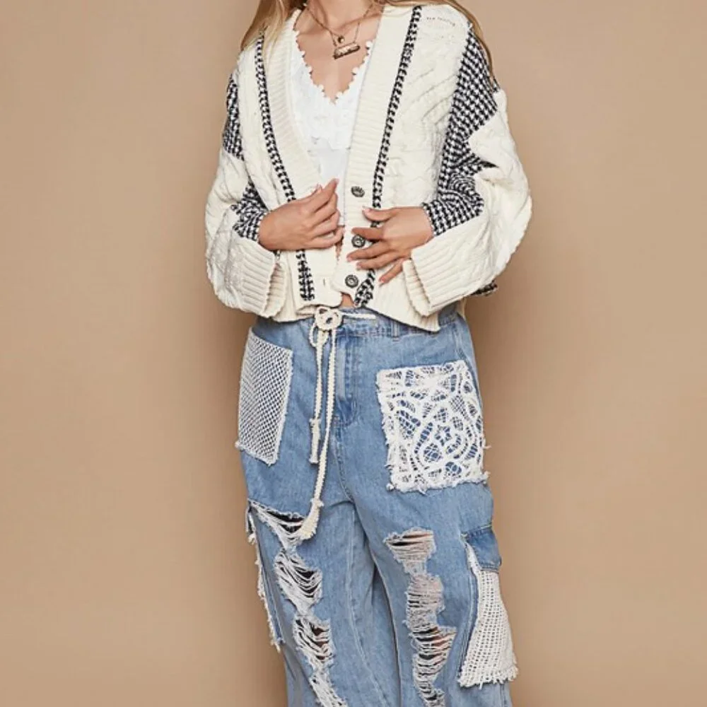 SOLD OUT POL Cable-Knit Plaid V-Neck Cardigan - Cropped Button-Up Sweater - Picture 2 of 9